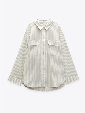 Zara Striped Button-Up Shirt Jacket in Sage and White